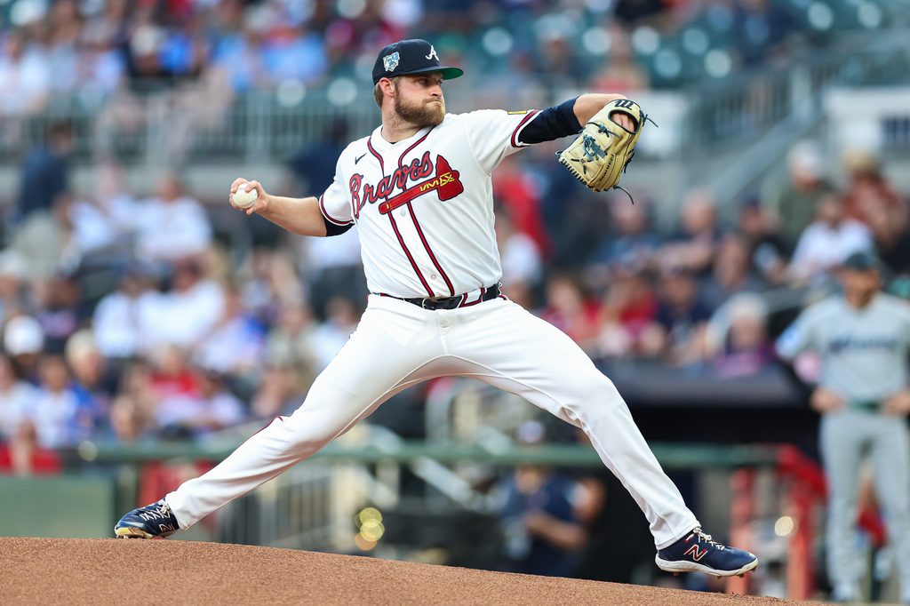 Atlanta Braves pitcher Bryce Elder delivers in the first inning of a baseball game against the Miami Marlins, Wednesday, April 15, 2026, in Atlanta. (AP Photo/Colin Hubbard)