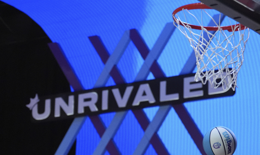 FILE - A player jumps to shoot during an Unrivaled 3-on-3 basketball semifinal, March 16, 2025, in Medley, Fla. (AP Photo/Rebecca Blackwell, File)