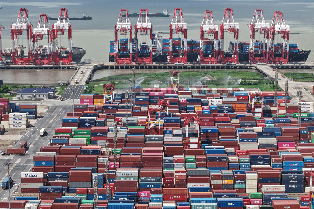 An aerial view of a container terminal in Shanghai, China Monday, Oct. 13, 2025. (Chinatopix via AP)