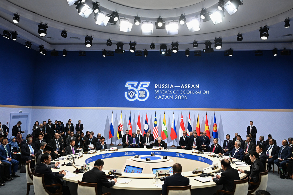 Russian President Vladimir Putin, center, attends the Russia-ASEAN summit in Kazan, Russia, Thursday, June 18, 2026. (Kristina Solovyova/Sputnik, Kremlin Pool Photo via AP)