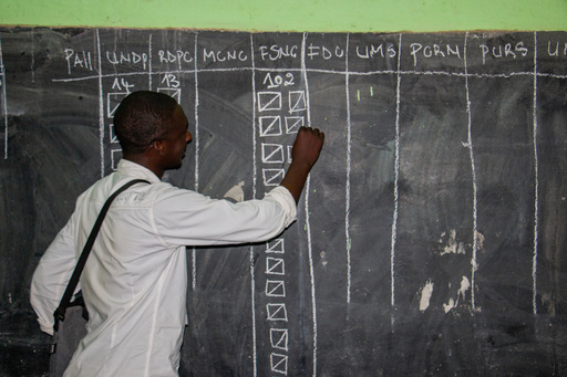 An election official fills out a tally on a board during the counting of ballots in Garoua, Cameroon, Sunday, Oct. 12, 2025. (AP Photo/Welba Yamo Pascal) An election official fills out a tally on a board during the counting of ballots in Garoua, Cameroon, Sunday, Oct. 12, 2025. (AP Photo/Welba Yamo Pascal)