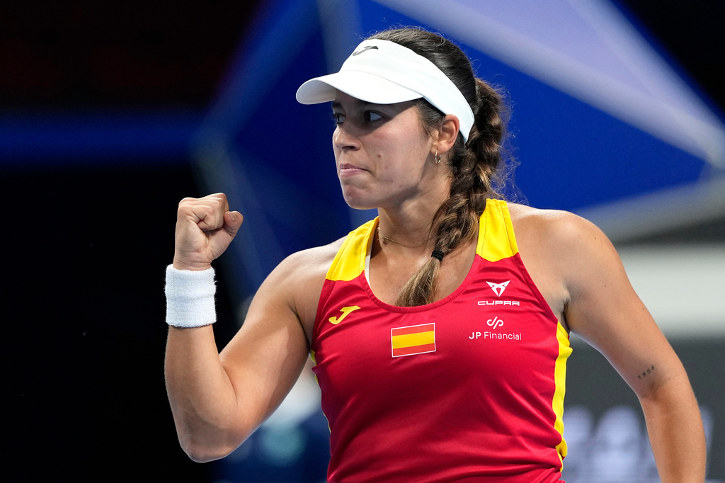Spain's Jéssica Bouzas Maneiro reacts during play against Kazakhstan's Sonja Zhiyenbayeva in a quarterfinal match for the Billie Jean King Cup held in Shenzhen in southern China's Guangdong province, Wednesday, Sept. 23, 2026. (AP Photo/Andy Wong)