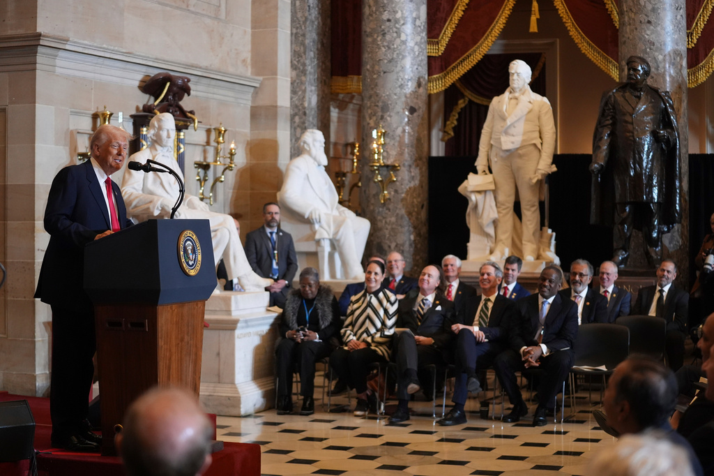 FILE - President Donald Trump speaks during the National Prayer Breakfast, at the Capitol in Washington, Feb. 6, 2025. (AP Photo/Evan Vucci, File)