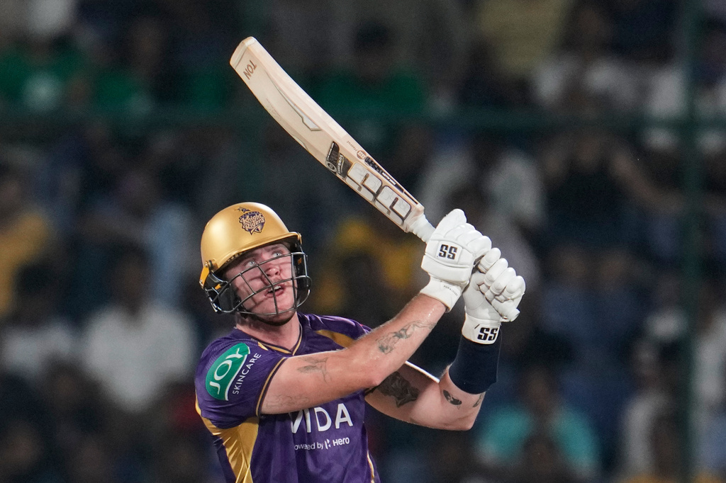 Kolkata Knight Riders' Finn Allen plays a shot during the Indian Premier League cricket match between Delhi Capitals and Kolkata Knight Riders in New Delhi, India, Friday, May 8, 2026. (AP Photo/Manish Swarup)