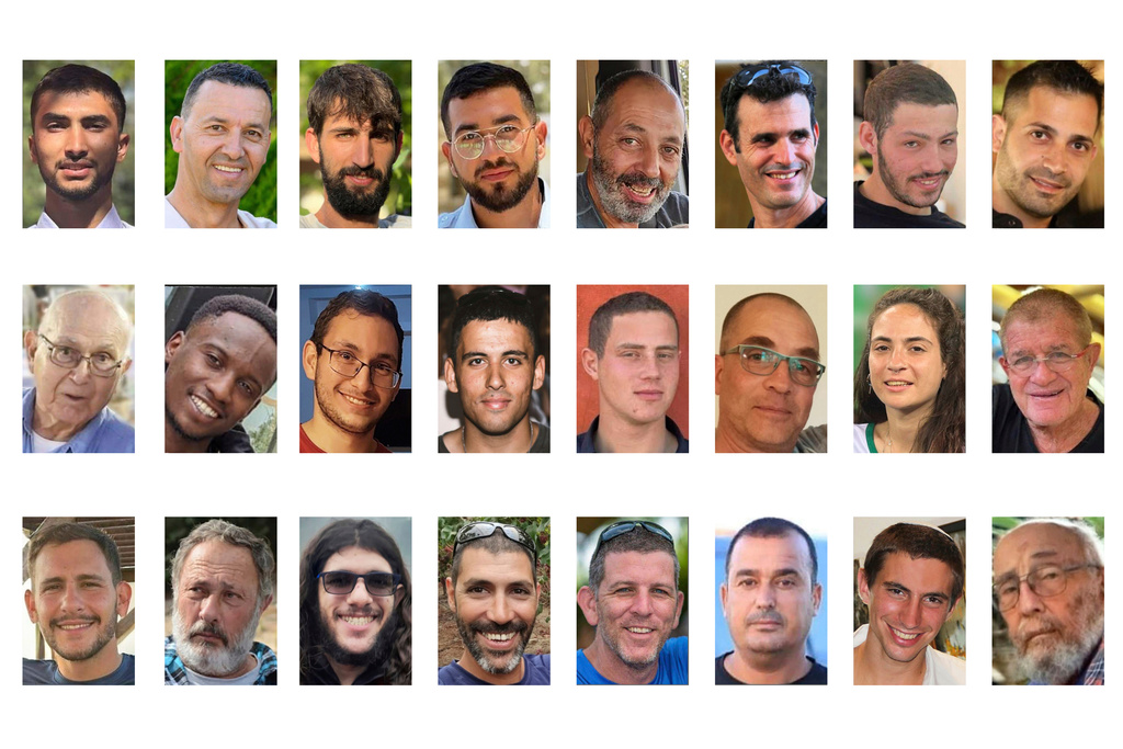 This Oct. 16, 2025, combination of images provided by Hostage's Family Forum shows some of the deceased that were held in Gaza when the latest ceasefire started, from top left, Bipin Joshi, Yossi Sharabi, Guy Illouz, Ran Gvili, Eitan Levi, Dror Or, Itay Chen, Uriel Baruch, second row from left, Amiram Cooper, Joshua Loitu Mollel, Tamir Nimrodi, Oz Daniel, Omer Neutra, Lior Rudaeff, Inbar Hayman, Meny Godard, third row from left, Daniel Peretz, Eliyahu Margalit, Sahar Baruch, Tamir Adar, Tal Haimi, Muhammad Al-Atarash, Hadar Goldin and Arie Zalmanovich. (Hostage's Family Forum via AP)