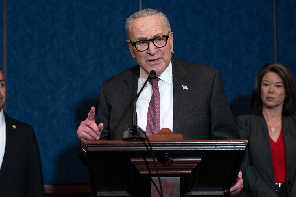 Senate Minority Leader Chuck Schumer, D-N.Y., flanked by Rep. Angie Craig, D-Minn., right, speaks during a news conference on legislation to reverse SNAP cuts on Capitol Hill, Thursday, Nov. 20, 2025, in Washington. (AP Photo/Jose Luis Magana)