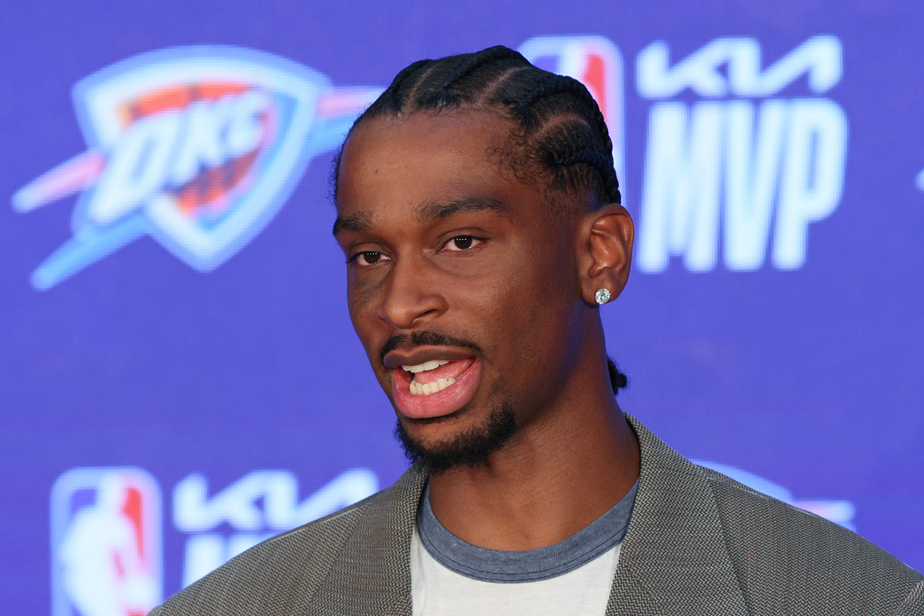 Oklahoma City Thunder guard Shai Gilgeous-Alexander speaks during a news conference after being named the NBA basketball MVP, Sunday, May 17, 2026, in Oklahoma City. (AP Photo/Nate Billings)