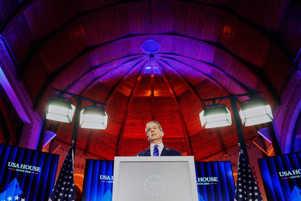 US Treasury Secretary Scott Bessent speaks at the USA house during the Annual Meeting of the World Economic Forum in Davos, Switzerland, Wednesday, January. 21, 2026. (AP Photo/Markus Schreiber)
