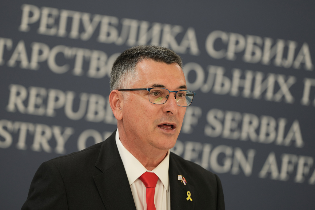 FILE - Israel's Foreign Minister Gideon Saar speaks during a press conference after talks with his Serbian counterpart Marko Djuric in Belgrade, Serbia, Sept. 30, 2025. (AP Photo/Darko Vojinovic, File)