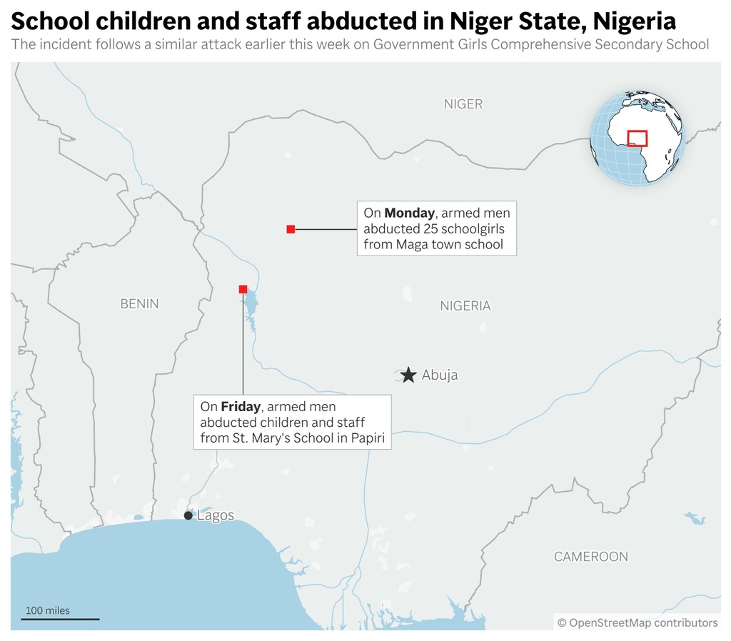 Shows the location of two attacks and abductions from schools in Nigeria over the past week. (AP Digital Embed)