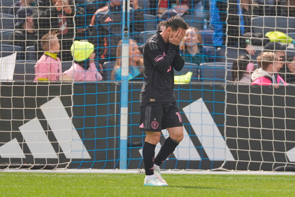 Inter Miami's Lionel Messi reacts after missing a goal opportunity during the first half of an MLS soccer game against the New York City FC at Yankee Stadium in New York, Sunday, March 22, 2026. (AP Photo/Seth Wenig)