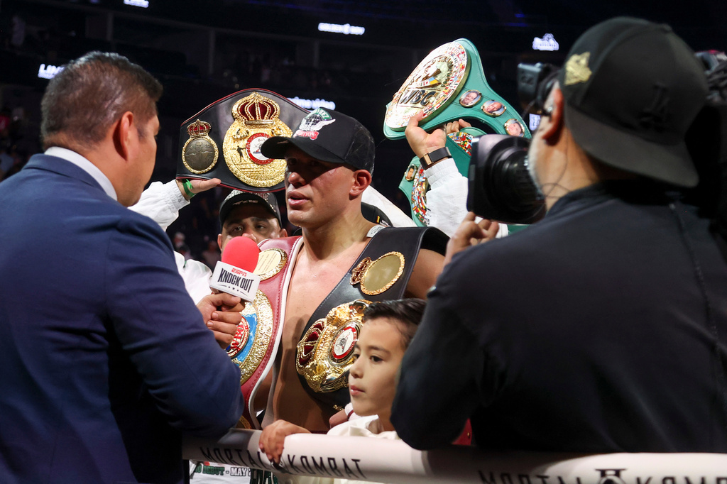 David Benavidez talks to media after his victory over Gilberto Ramirez, not pictured, in a cruiserweight championship boxing match Saturday, May 2, 2026, in Las Vegas. (AP Photo/Ian Maule)