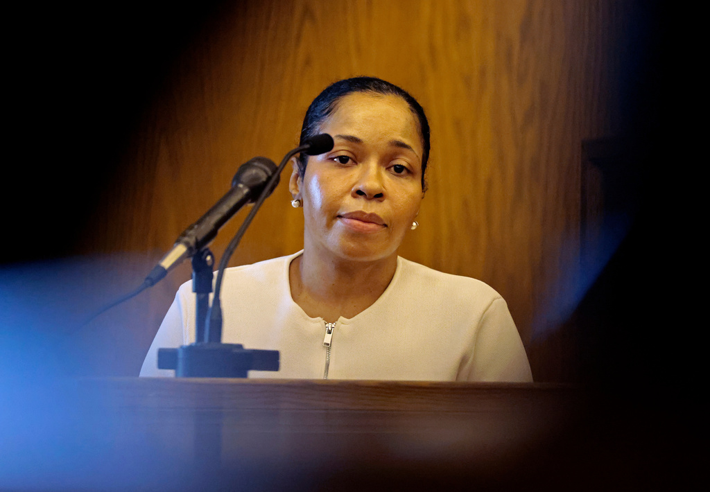Stefon Diggs' former personal chef, Jamila Adams, is questioned by Assistant District Attorney Drew Virtue in Dedham District Court in Dedham, Mass., Monday May 4, 2026. (Pat Greenhouse/The Boston Globe via AP, Pool)