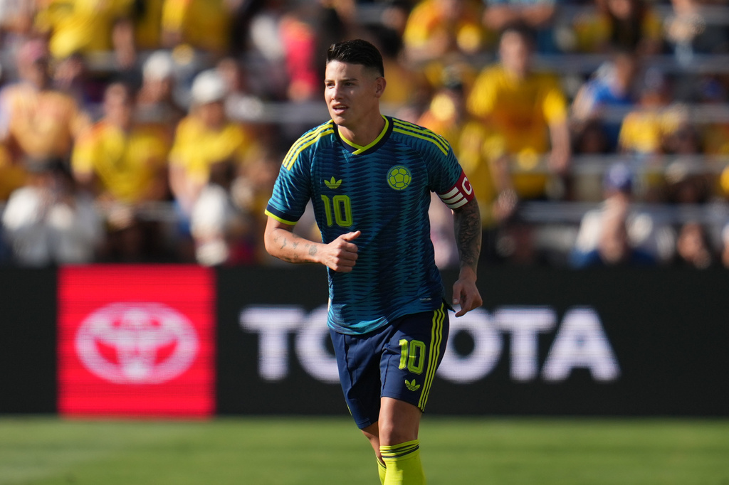 FILE - Colombia midfielder James Rodr&iacute;guez looks on during the second half of an international friendly soccer match against Jordan, June 7, 2026, in San Diego. (AP Photo/Gregory Bull, File)