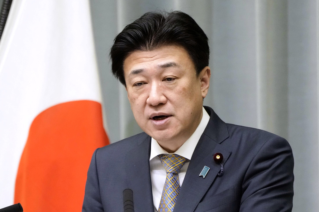 Japan's Chief Cabinet Secretary Minoru Kihara speaks during a press conference in Tokyo Tuesday, April 7, 2026. (Keisuke Hosojima/Kyodo News via AP)