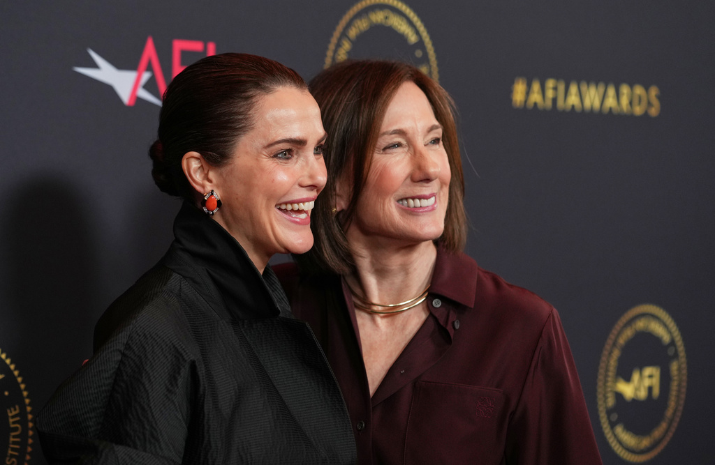 Actor Keri Russell, left, and producer Kathleen Kennedy pose together at the AFI Awards at the Four Seasons in Los Angeles, Friday, Jan. 9, 2026. (AP Photo/Chris Pizzello)