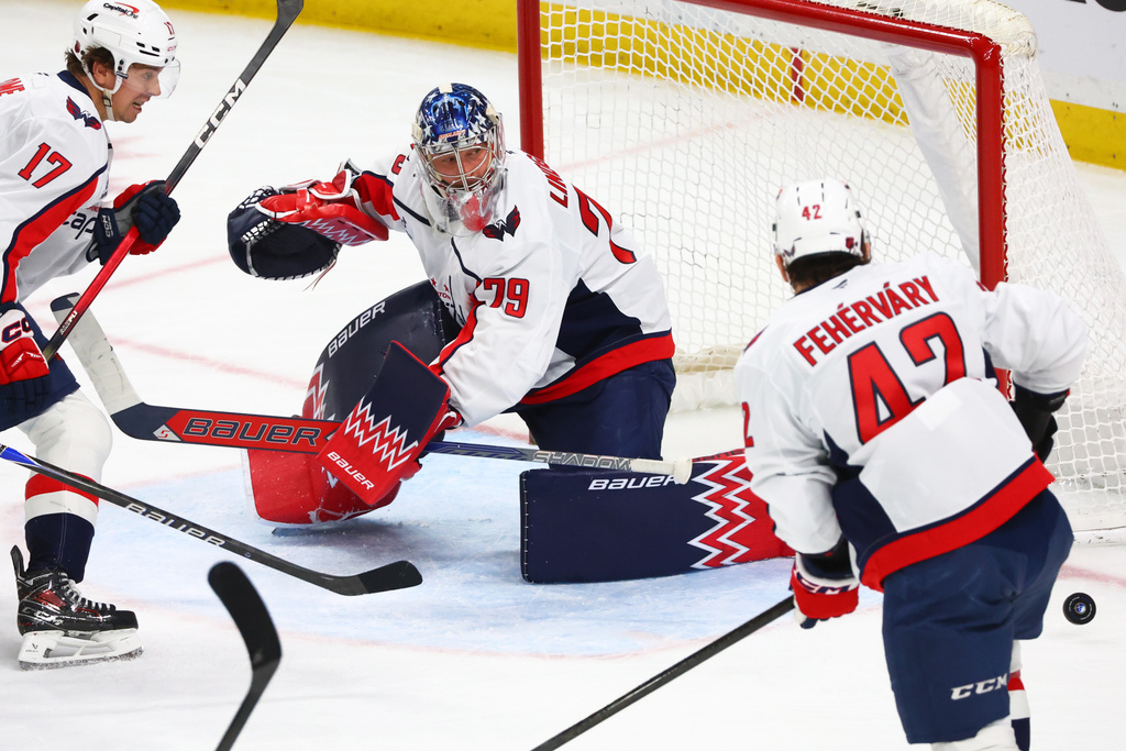 Washington Capitals goaltender Charlie Lindgren (79) makes a pad save during the third period of an NHL hockey game against the Buffalo Sabres Thursday, March 12, 2026, in Buffalo, N.Y. (AP Photo/Jeffrey T. Barnes)