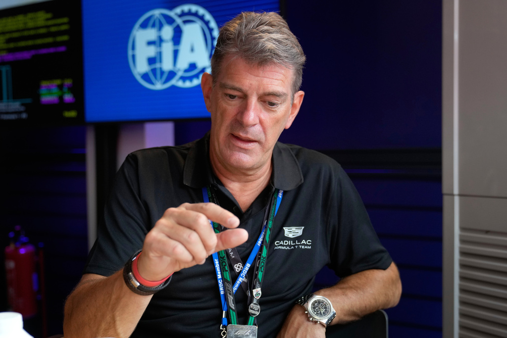 Graeme Lowdon, the team principal of the new Formula One team Cadillac, talks to The Associated Press during an interview at the Silverstone racetrack, ahead of the British Formula One Grand Prix, in Silverstone, England, Sunday, July 6, 2025. (AP Photo/Darko Bandic)