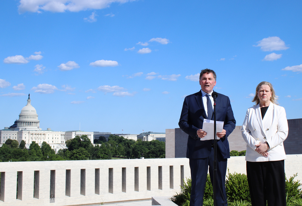 Canada-U.S. Trade Minister Dominic LeBlanc and Chief Trade Negotiator Janice Charette speak during a press conference on the roof of the Canadian Embassy in Washington, D.C., on Tuesday, June 2, 2026. (Kelly Geraldine Malone/The Canadian Press via AP)