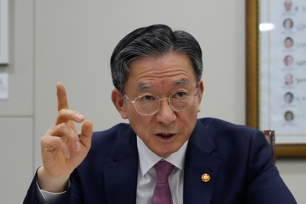 South Korean Justice Minister Jung Sung-ho speaks during a roundtable interview at the Justice Ministry in Gwacheon, South Korea, Thursday, April 9, 2026. (AP Photo/Ahn Young-joon)