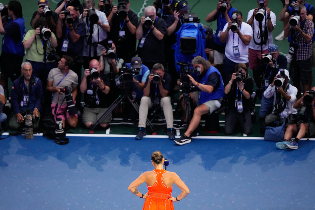 Aryna Sabalenka, of Belarus, speaks after she lost the women's singles final of the U.S. Open tennis championships against Elena Rybakina, of Kazakhstan, Saturday, Sept. 12, 2026, in New York. (AP Photo/Yuki Iwamura)
