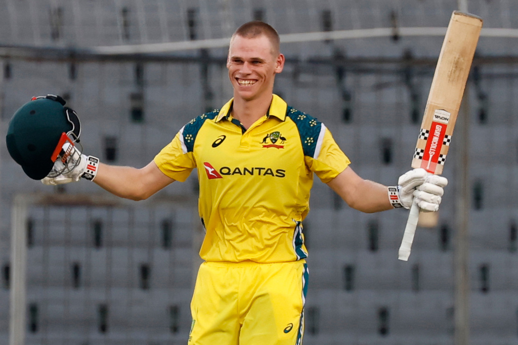 Australia's Cooper Connolly celebrates his century during the third one day international cricket match between Australia and Bangladesh, in Mirpur, Bangladesh, Sunday, June 14, 2026. (AP Photo/Mosaraf Hossain)
