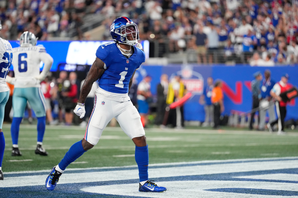 New York Giants wide receiver Malik Nabers reacts after a play against the Dallas Cowboys during the second half of an NFL football game Sunday, Sept. 13, 2026, in East Rutherford, N.J. (AP Photo/Yuki Iwamura)