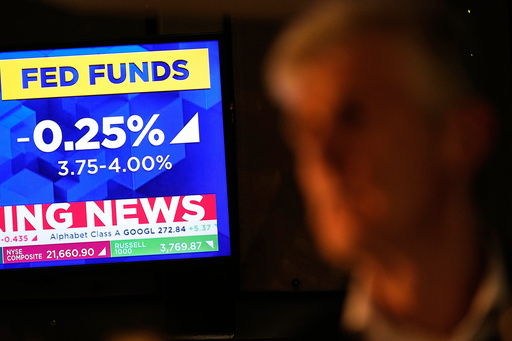 A TV displays news about the Federal Reserve as traders work on the floor at the New York Stock Exchange in New York, Wednesday, Oct. 29, 2025. (AP Photo/Seth Wenig) A TV displays news about the Federal Reserve as traders work on the floor at the New York Stock Exchange in New York, Wednesday, Oct. 29, 2025. (AP Photo/Seth Wenig)