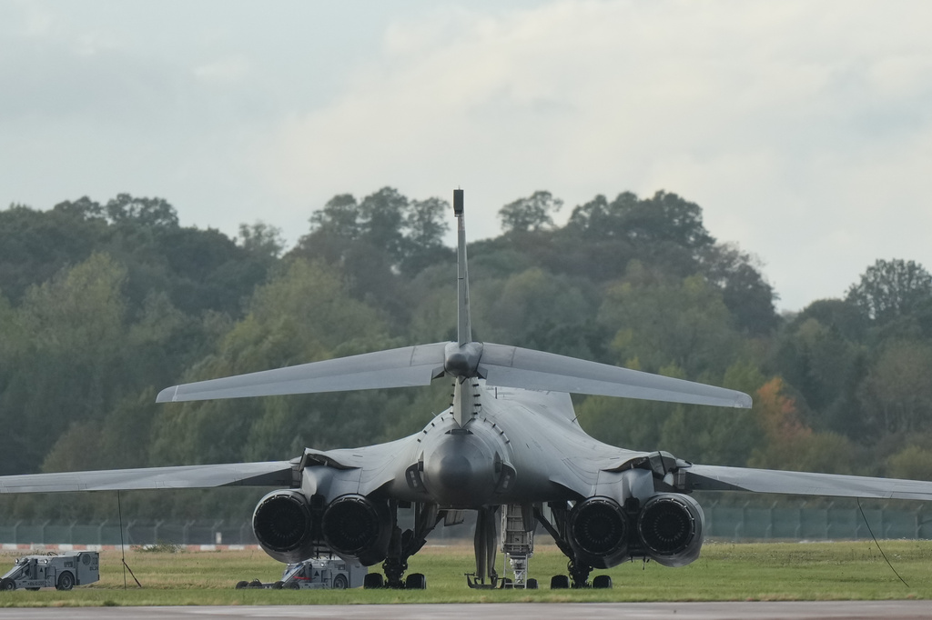 United States Airforce B1 bombers are seen at RAF Fairford, a US Airbase, after an incident in Fairford, England, Sunday, Sept. 27, 2026. (AP Photo/Alastair Grant)