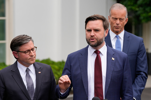 Vice President JD Vance talks to reporters outside the West Wing of the White House, Monday, Sept. 29, 2025, in Washington, as House Speaker Mike Johnson of La., and Senate Majority Leader John Thune, R-S.D., listen. (AP Photo/Alex Brandon) Vice President JD Vance talks to reporters outside the West Wing of the White House, Monday, Sept. 29, 2025, in Washington, as House Speaker Mike Johnson of La., and Senate Majority Leader John Thune, R-S.D., listen. (AP Photo/Alex Brandon)