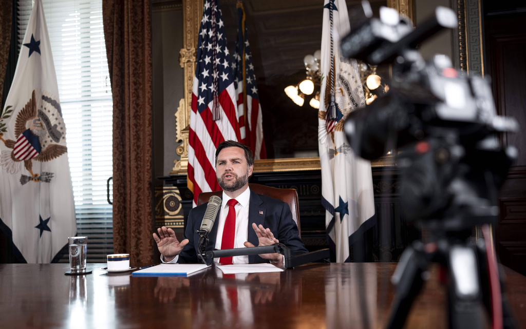 Vice President JD Vance hosts an episode of "The Charlie Kirk Show" at the White House, following the assassination of the show's namesake, Monday, Sept., 15, 2025, in Washington. (Doug Mills/The New York Times via AP, Pool)