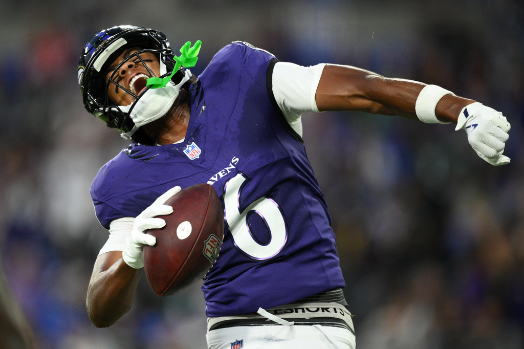 Baltimore Ravens wide receiver Ja'Kobi Lane celebrates after scoring a touchdown against the Philadelphia Eagles during the first half of an NFL preseason football game Saturday, Aug. 15, 2026, in Baltimore. (AP Photo/Nick Wass)