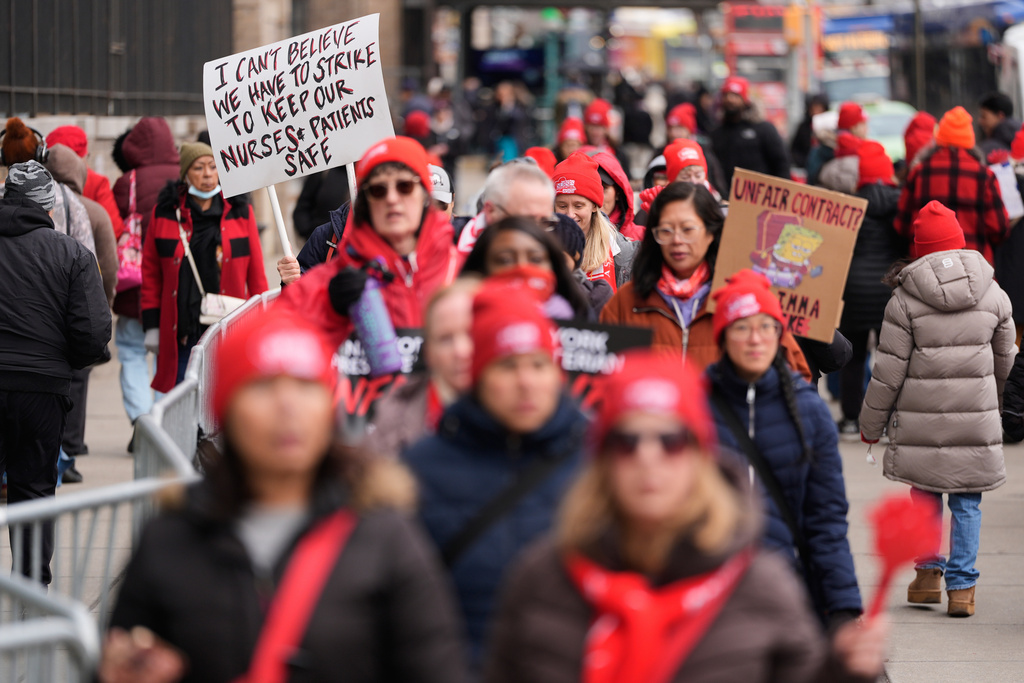 Nurses and their supporters strike in front of NewYork-Presbyterian hospital in New York, Thursday, Feb. 19, 2026. (AP Photo/Seth Wenig)