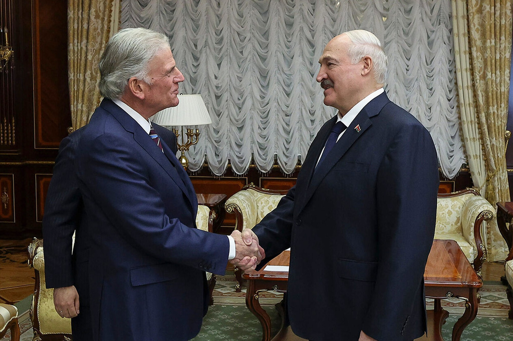 In this photo released by Belarusian presidential press service, Belarusian President Alexander Lukashenko, right, and U.S. evangelist Franklin Graham shake hands during their meeting in Minsk, Belarus, Friday, May 15, 2026. (Belarusian Presidential Press Service via AP)