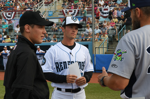 In this image provided by the Hudson Valley Renegades, Hudson Valley Renegades manager Blake Butera prepares to exchange lineup cards during a minor league baseball game in Wappingers Falls, N.Y., in 2018. (Roy Notaro/Hudson Valley Renegades via AP) In this image provided by the Hudson Valley Renegades, Hudson Valley Renegades manager Blake Butera prepares to exchange lineup cards during a minor league baseball game in Wappingers Falls, N.Y., in 2018. (Roy Notaro/Hudson Valley Renegades via AP)