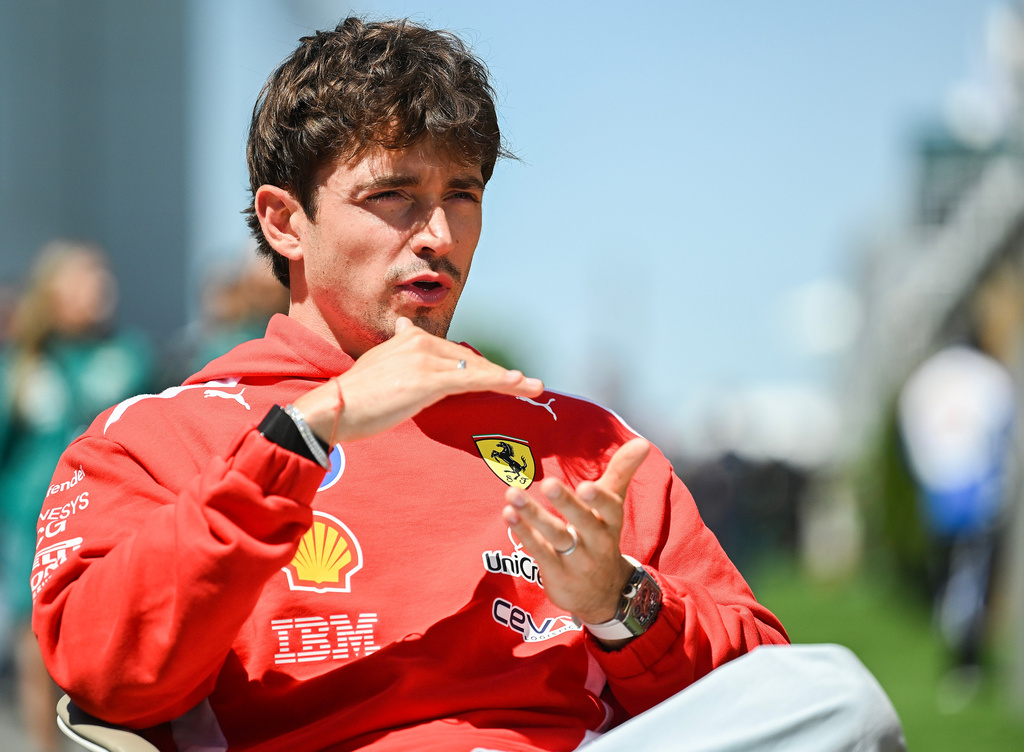 Ferrari driver Charles Leclerc, of Monaco, speaks during an interview at the F1 Canadian Grand Prix auto race, Thursday, May 21, 2026, in Montreal. (Graham Hughes/The Canadian Press via AP)