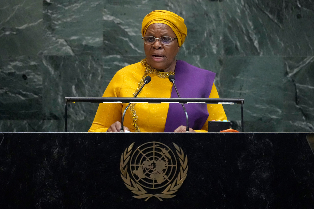 President of Namibia Netumbo Nandi-Ndaitwah addresses the 80th session of the United Nations General Assembly, Wednesday, Sept. 24, 2025, at U.N. headquarters. (AP Photo/Pamela Smith)