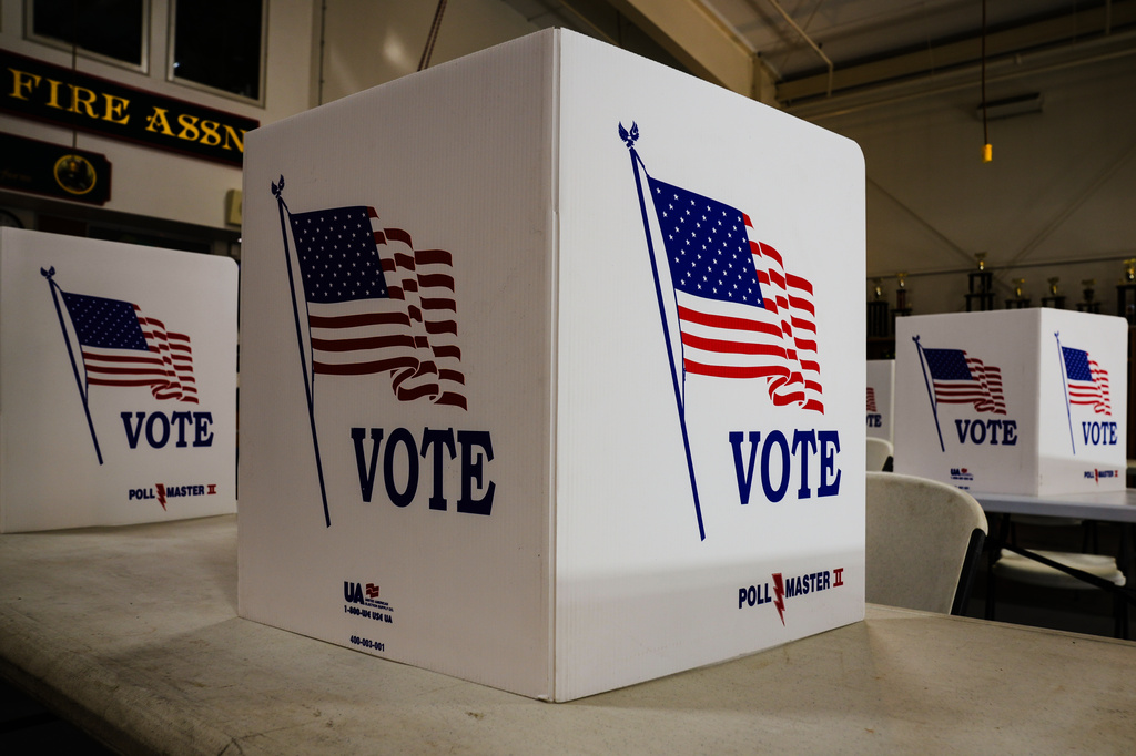 FILE - Voting booths are set up at a polling place in Newtown, Pa., Tuesday, April 23, 2024. (AP Photo/Matt Rourke, File)