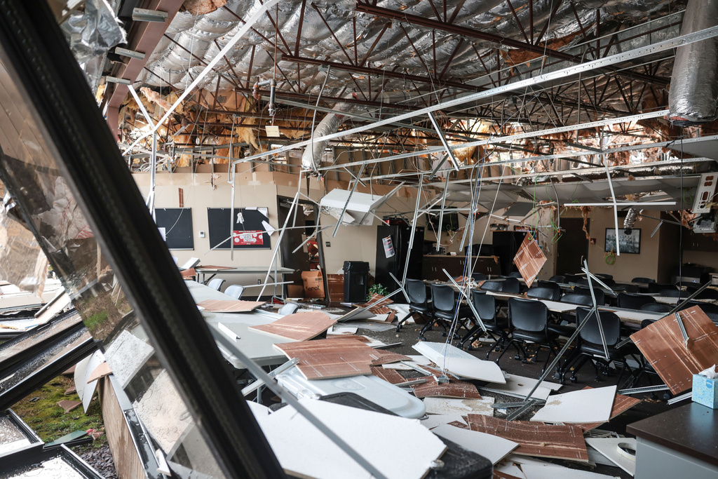 The Tulsa Tech Peoria Campus damaged by a Friday night storm is shown Saturday, March 7, 2026 in Tulsa, Okla. (Mike Simons/Tulsa World via AP)