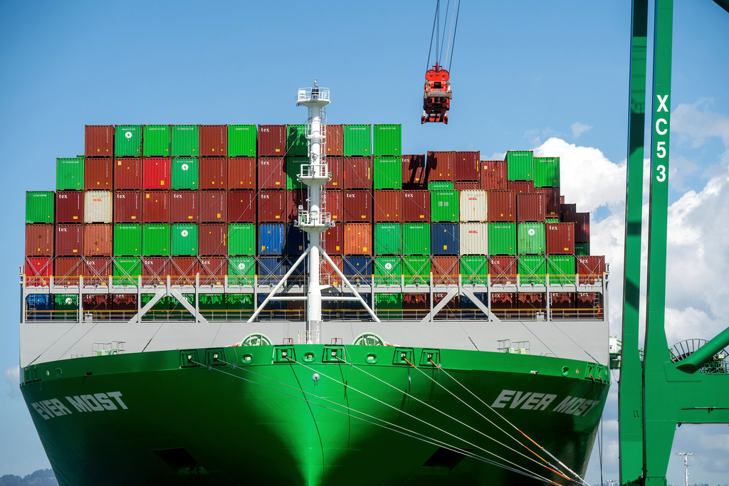 FILE - Shipping containers line the Ever Most cargo vessel docked at the Port of Oakland, April 3, 2025, in Oakland, Calif. (AP Photo/Noah Berger, File)