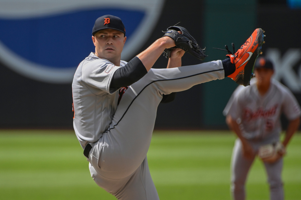 Detroit Tigers starting pitcher Tarik Skubal delivers against the Cleveland Guardians during the first inning of a baseball game, Saturday, June 13, 2026, in Cleveland. (AP Photo/Phil Long)