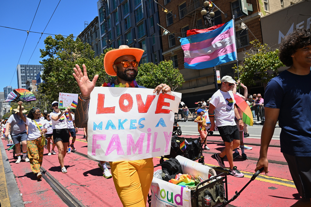 Revelers attend the annual Pride Parade in San Francisco, Sunday, June 28, 2026. (AP Photo/Nic Coury)