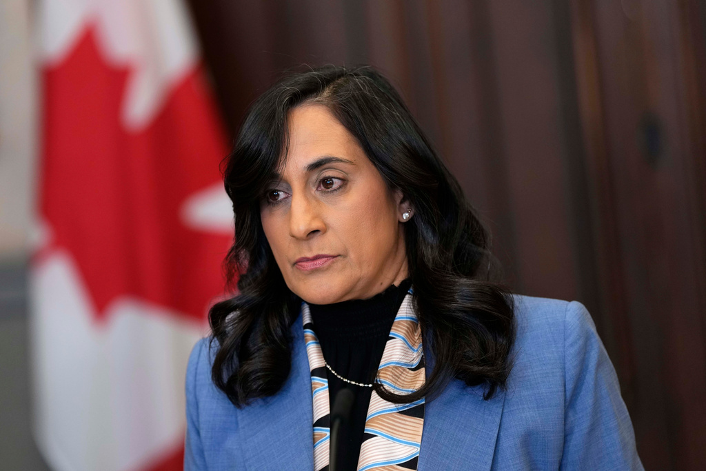 Canada Minister of Foreign Affairs Anita Anand speaks at a news conference regarding the security situation in Mexico, in the Foyer of the House of Commons on Parliament Hill in Ottawa, on Monday, Feb. 23, 2026. (Justin Tang/The Canadian Press via AP)
