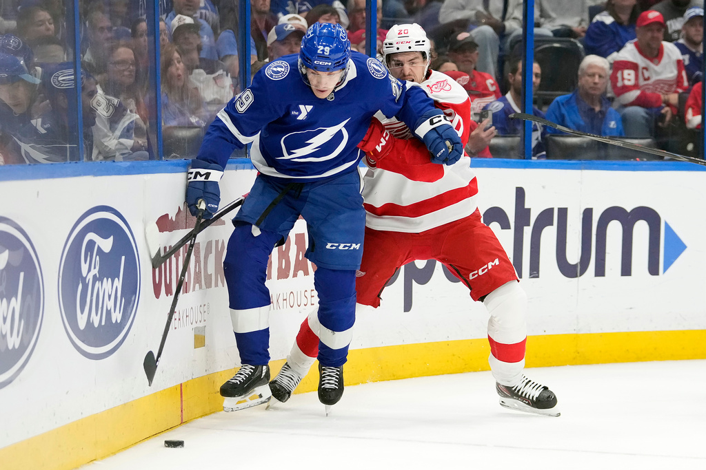 Tampa Bay Lightning right wing Pontus Holmberg (29) keeps the puck from Detroit Red Wings defenseman Albert Johansson (20) during the second period of an NHL hockey game Thursday, March 12, 2026, at Benchmark International Arena in Tampa, Fla. (AP Photo/Chris O'Meara)