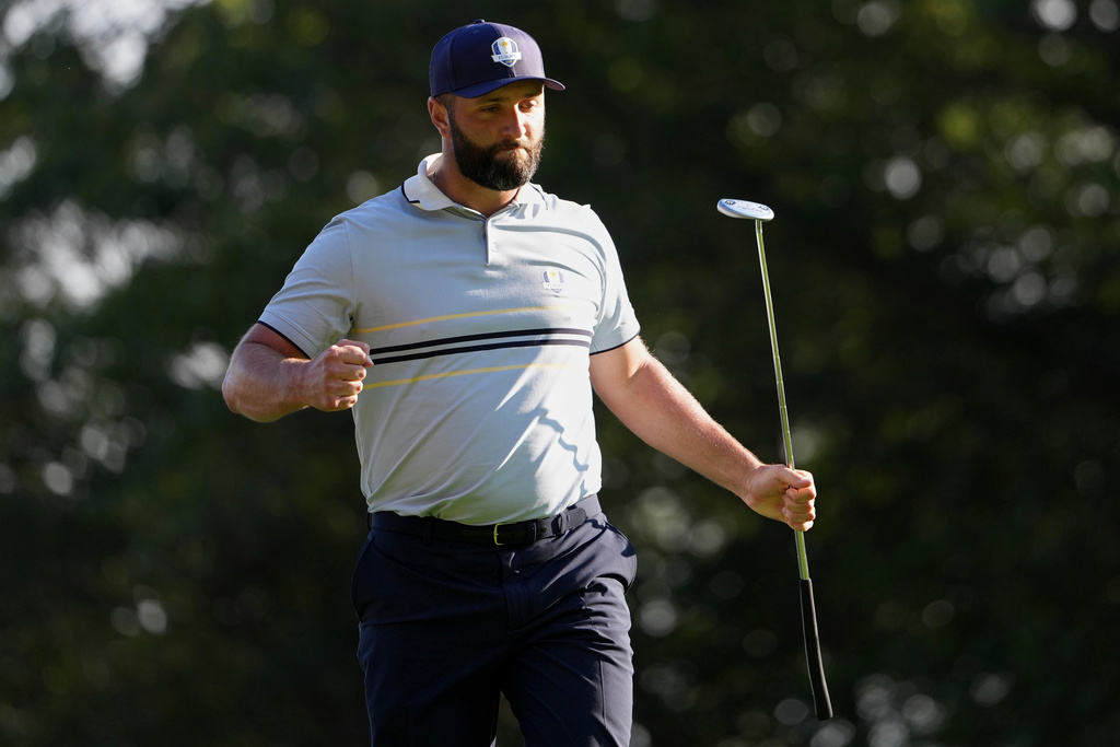 Europe's Jon Rahm celebrates on the 15th hole at Bethpage Black golf course during the Ryder Cup golf tournament, Friday, Sept. 26, 2025, in Farmingdale, N.Y. (AP Photo/Matt Slocum)