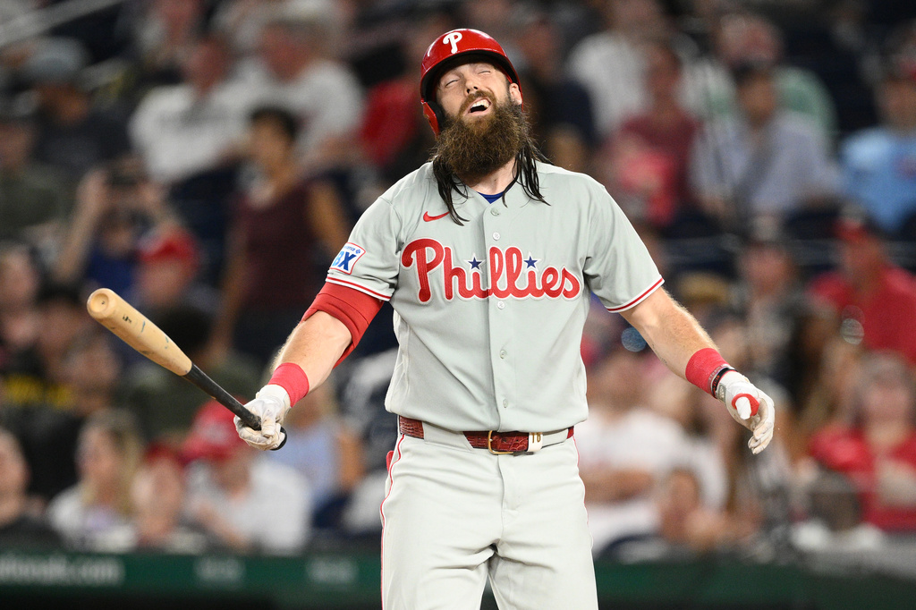 Philadelphia Phillies'Brandon Marsh reacts during his at bat during the fourth inning of a baseball game against the Washington Nationals Wednesday, Sept. 16, 2026, in Washington. (AP Photo/Nick Wass)