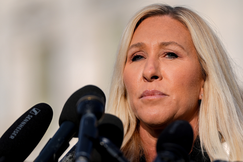 FILE - Rep. Marjorie Taylor Greene, R-Ga., speaks during a news conference on the Epstein Files Transparency Act, Nov. 18, 2025, outside the U.S. Capitol in Washington. (AP Photo/Julia Demaree Nikhinson, File)