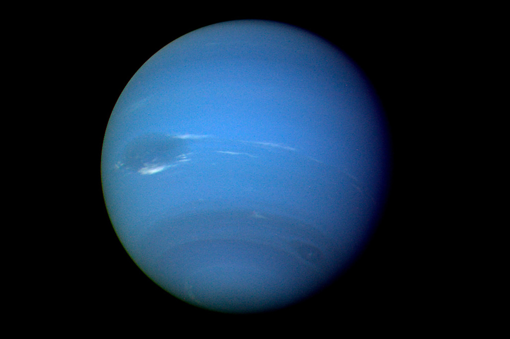 This August 1989 image provided by NASA shows the planet Neptune photographed by the Voyager 2 spacecraft, processed to enhance the visibility of small features. (NASA via AP)
