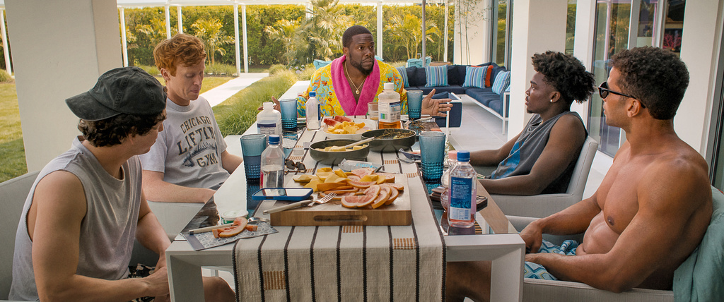 This image released by Netflix shows, from left, Marcello Hernandez, Ben Marshall, Kevin Hart, Kam Patterson and Mason Gooding in a scene from "72 Hours." (Netflix via AP)
