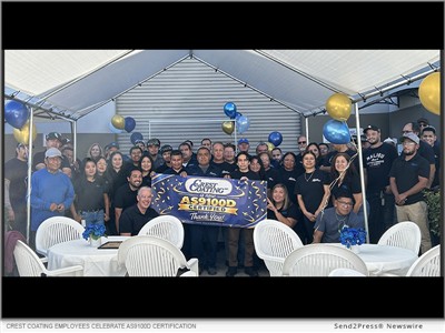 IMAGE CAPTION: Crest Coating employees gather at the company&rsquo;s Anaheim, Calif., facility to celebrate earning AS9100D certification. | Crest Coating, Inc., a Southern California specialist in industrial powder coating and functional liquid coatings, today announced that it has earned AS9100D certification from Amtivo. The certification covers the application of powder, Teflon, Xylan&reg;, Halar&reg;, and BCS bakeware coatings.